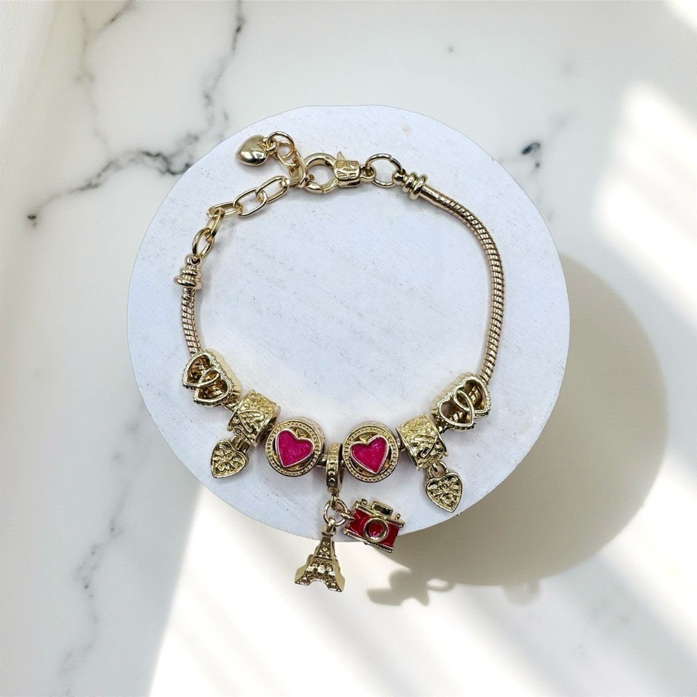 Gold Eiffel Tower & cute Charms Bracelet with Red Accents